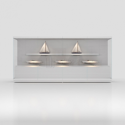 White wall-mounted museum display cabinet