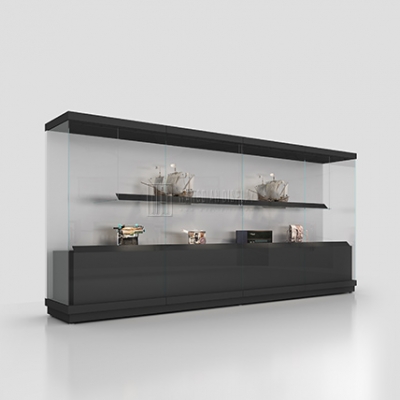 Black wall-mounted museum display cabinet